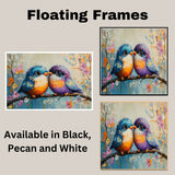 Painting of Two Plump Birds Touching Beaks While Sitting on a Blooming Branch Surrounded by Bright Spring Flowers with Vivid Feathers and Big Shiny Eyes on Ready to Hang 1.5" Thick Canvas Wrap, Floating Framed Canvas, Flat Rolled Canvas