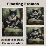 Elegant Victorian Lounge: Tuxedo Cat Mom with Three Kittens on a European Couch on Ready to Hang 1.5" Thick Canvas Wrap, Floating Framed Canvas, Flat Rolled Canvas