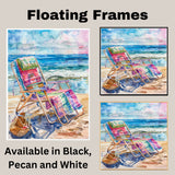 Watercolor Painting of Plaid Beach Chair and Woven Basket on Sandy Shore with Colorful Blanket and Gentle Ocean Waves on Ready to Hang 1.5" Thick Canvas Wrap, Floating Framed Canvas, Flat Rolled Canvas