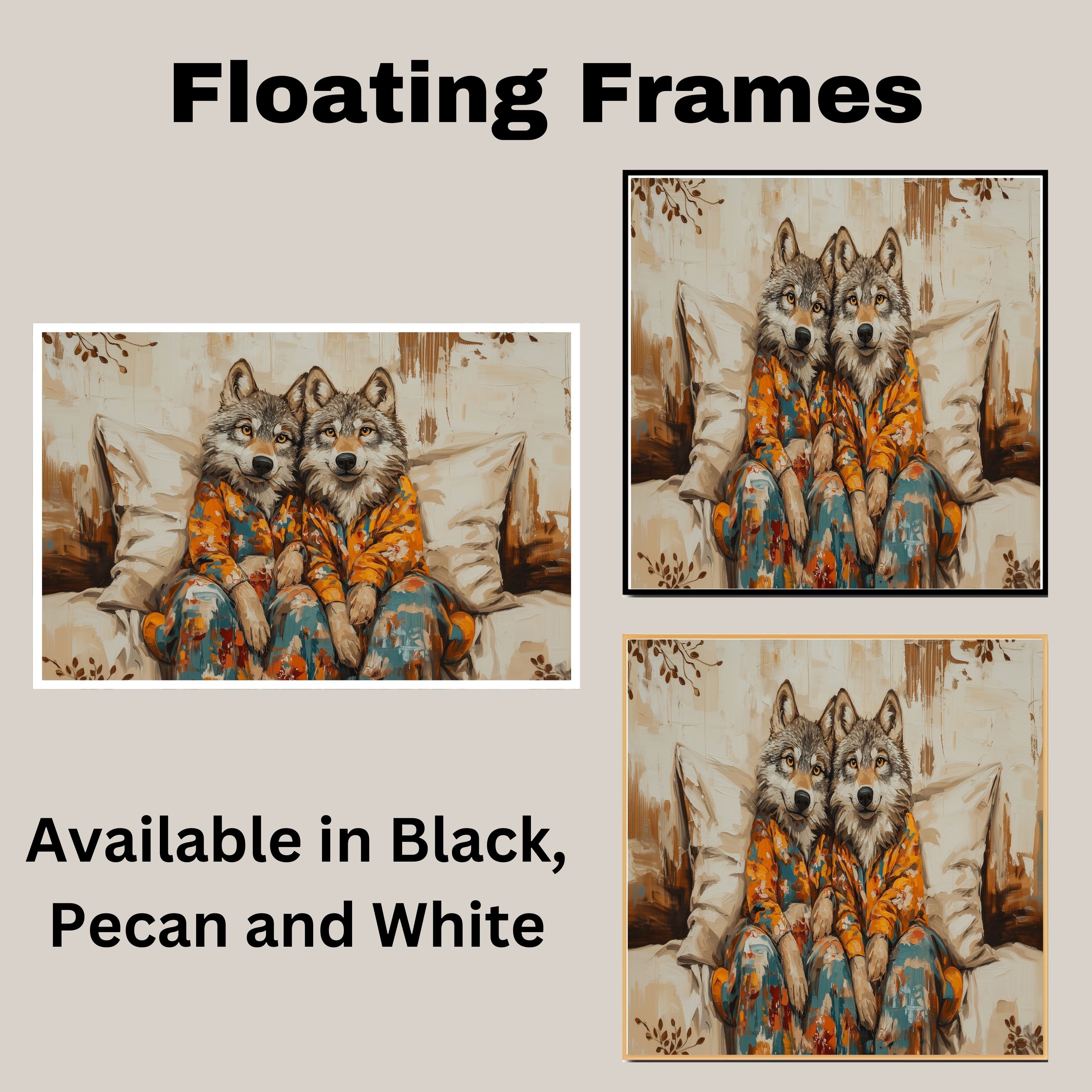 Majestic Painting of Two Wolves in Pajamas Sitting on a Cozy Bed with Warm Tones and Floral Accents in a Whimsical Woodland-Inspired Composition on Ready to Hang 1.5" Thick Canvas Wrap, Floating Framed Canvas, Flat Rolled Canvas