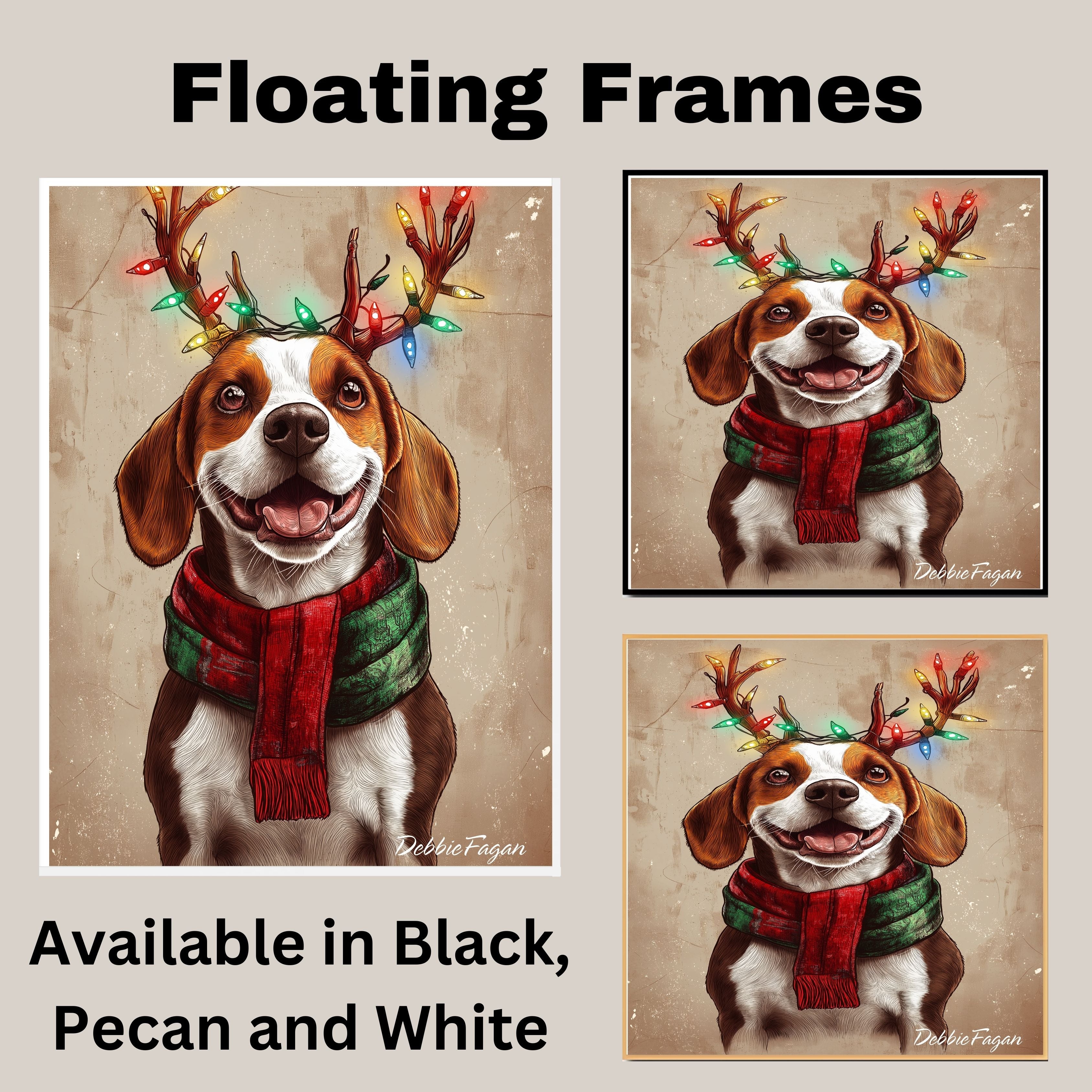 Beagle Holiday Joy - 'Rustic Reindeer' - Beagle Dog with Lighted Antlers & Cozy Scarf on Rustic Background, Ready to Hang 1.5" Thick Canvas Wrap, Floating Framed Canvas, Flat Rolled Canvas