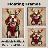 Beagle Holiday Joy - 'Rustic Reindeer' - Beagle Dog with Lighted Antlers & Cozy Scarf on Rustic Background, Ready to Hang 1.5" Thick Canvas Wrap, Floating Framed Canvas, Flat Rolled Canvas