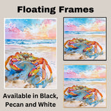 Watercolor Painting of a Multicolored Crab on the Beach – Coastal Ocean Art Print with Sunset Sky and Waves on Ready to Hang 1.5" Thick Canvas Wrap, Floating Framed Canvas, Flat Rolled Canvas