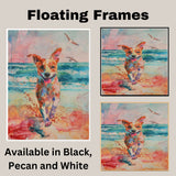 Watercolor Dog Running on Beach with Waves and Birds in Colorful Splash Style Coastal Animal Art for Pet Lovers on Ready to Hang 1.5" Thick Canvas Wrap, Floating Framed Canvas, Flat Rolled Canvas