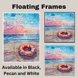 Watercolor Painting of a Lifebuoy on the Beach with Ocean Waves and Colorful Sunset Sky in Coastal Summer Style on Ready to Hang 1.5" Thick Canvas Wrap, Floating Framed Canvas, Flat Rolled Canvas