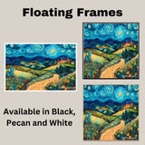 Starry Night-Inspired Folk Art Landscape with Rolling Hills, Bright Moon, and a Peaceful Countryside Village on Ready to Hang 1.5" Thick Canvas Wrap, Floating Framed Canvas, Flat Rolled Canvas