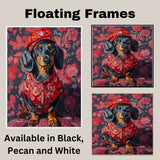 Heartfelt Elegance: Dachshund in a Red Love-Themed Top and Hat Adorable Romantic Painting on Ready to Hang 1.5" Thick Canvas Wrap, Floating Framed Canvas, Flat Rolled Canvas