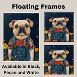 Adorable Bulldog Wall Art Dog in Floral Shirt and Overalls Farmhouse Nursery Decor Whimsical Dog Lover Gift Cottagecore Bedroom Accent Country Wall Art on Ready to Hang 1.5" Thick Canvas Wrap, Floating Framed Canvas, Flat Rolled Canvas