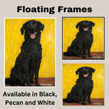 Thoughtful Black Dog Portrait in Oil – Vintage Gustav Klimt-Inspired Art on Yellow-Orange Backdrop on Ready to Hang 1.5" Thick Canvas Wrap, Floating Framed Canvas, Flat Rolled Canvas