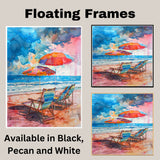 Watercolor Painting of Multicolored Beach Chairs and Umbrellas by the Ocean on Ready to Hang 1.5" Thick Canvas Wrap, Floating Framed Canvas, Flat Rolled Canvas