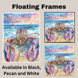 Watercolor Painting of a Colorful Lobster Facing Ocean Waves Under a Vibrant Coastal Sky at Sunset on Ready to Hang 1.5" Thick Canvas Wrap, Floating Framed Canvas, Flat Rolled Canvas