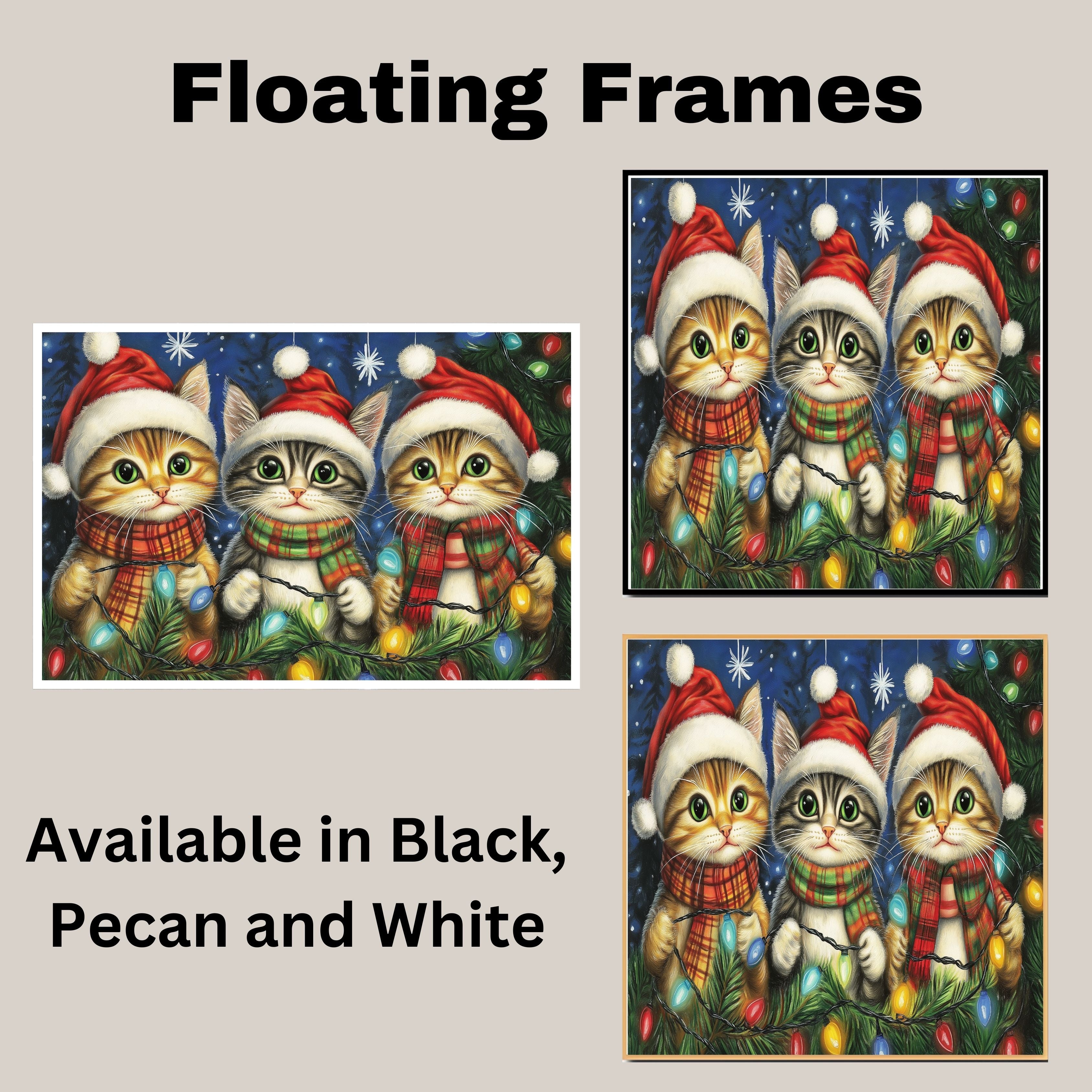 Christmas Kitten Art Print with Three Cute Cats in Santa Hats and Scarves Hand Drawn Holiday Cat Illustration for Festive Gift or Cozy Winter Home Decor on Ready to Hang 1.5" Thick Canvas Wrap, Floating Framed Canvas, Flat Rolled Canvas