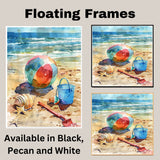 Watercolor Beach Scene with Colorful Ball, Seashells, Starfish, Blue Bucket, and Shovel on Sandy Shore by the Ocean on Ready to Hang 1.5" Thick Canvas Wrap, Floating Framed Canvas, Flat Rolled Canvas
