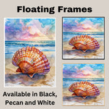Watercolor Painting of a Multicolored Scallop Shell on the Beach with Ocean Waves and Sunset Sky in Coastal Nature Style on Ready to Hang 1.5" Thick Canvas Wrap, Floating Framed Canvas, Flat Rolled Canvas