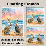 Two Colorful Pelicans on Sandy Beach with Gentle Ocean Waves and Sunset Sky in Vibrant Watercolor Illustration on Ready to Hang 1.5" Thick Canvas Wrap, Floating Framed Canvas, Flat Rolled Canvas