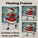 Whimsical Christmas Wall Art Featuring Elegant Cougar in Red Dress Ice Skating Through Snowy Forest – Holiday Decor for Animal Lovers and Winter Magic Fans on Ready to Hang 1.5" Thick Canvas Wrap, Floating Framed Canvas, Flat Rolled Canvas