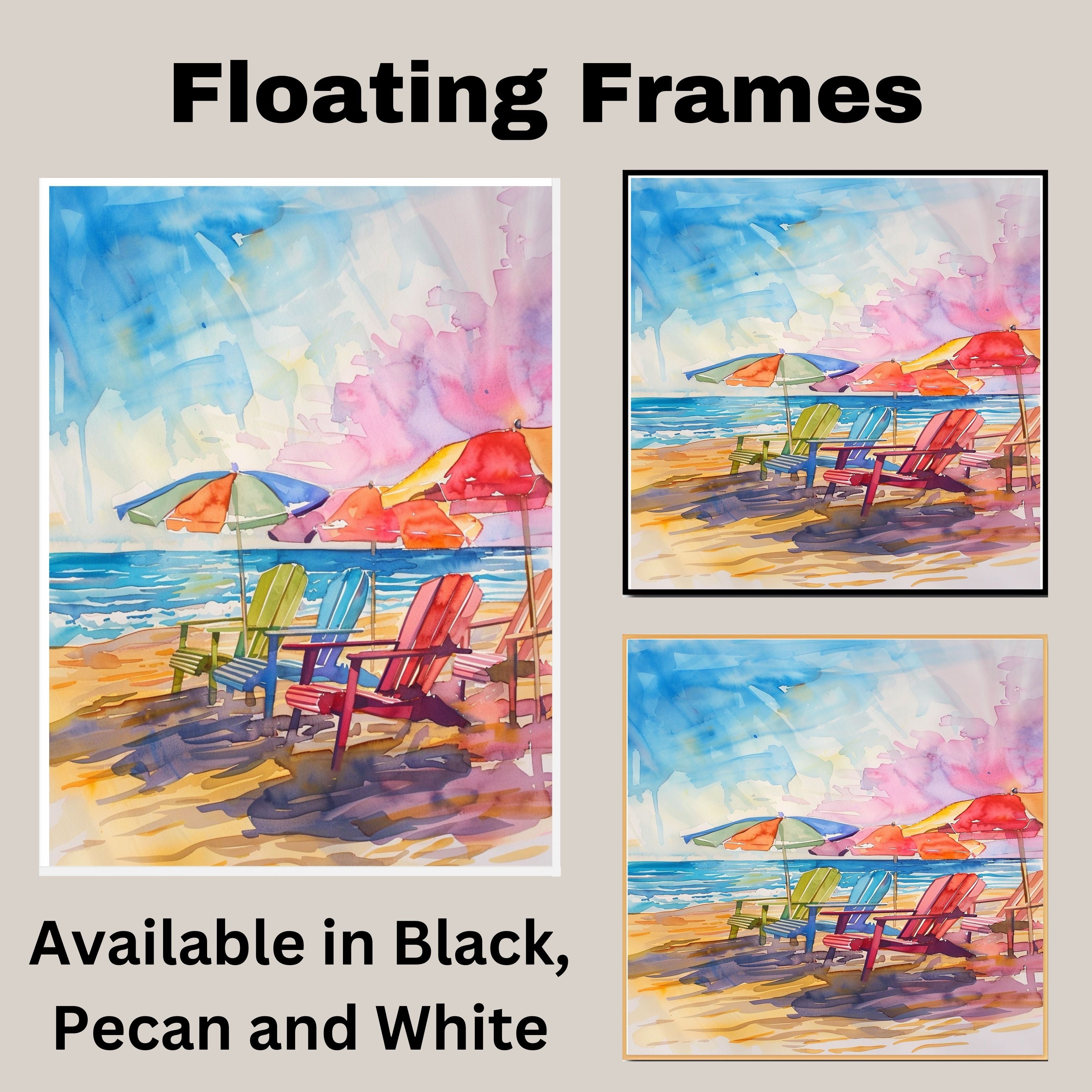 Colorful Watercolor Beach Chairs & Umbrellas Painting – Coastal Ocean Scene on Ready to Hang 1.5" Thick Canvas Wrap, Floating Framed Canvas, Flat Rolled Canvas
