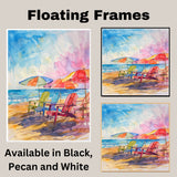 Colorful Watercolor Beach Chairs & Umbrellas Painting – Coastal Ocean Scene on Ready to Hang 1.5" Thick Canvas Wrap, Floating Framed Canvas, Flat Rolled Canvas
