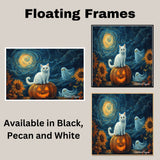 Whimsical Halloween Night with White Cat on Jack-o’-Lantern, Sunflowers, Glowing Ghosts, and a Starry Swirled Sky on Ready to Hang 1.5" Thick Canvas Wrap, Floating Framed Canvas, Flat Rolled Canvas