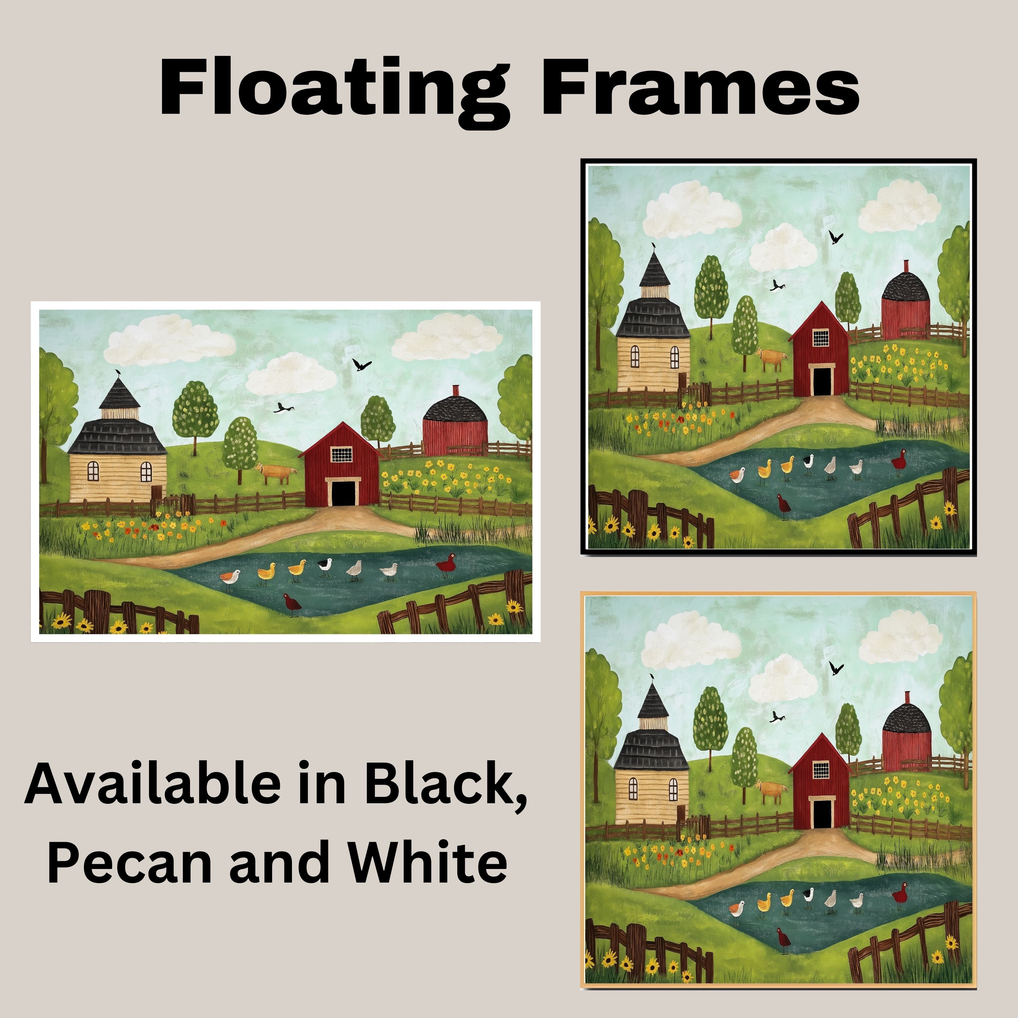 Whimsical Farm Folk Art Print with Red Barn Ducks and Flowers Hand Drawn Country Scene Illustration for Rustic Kitchen Wall Decor or Charming Gift Idea on Ready to Hang 1.5" Thick Canvas Wrap, Floating Framed Canvas, Flat Rolled Canvas