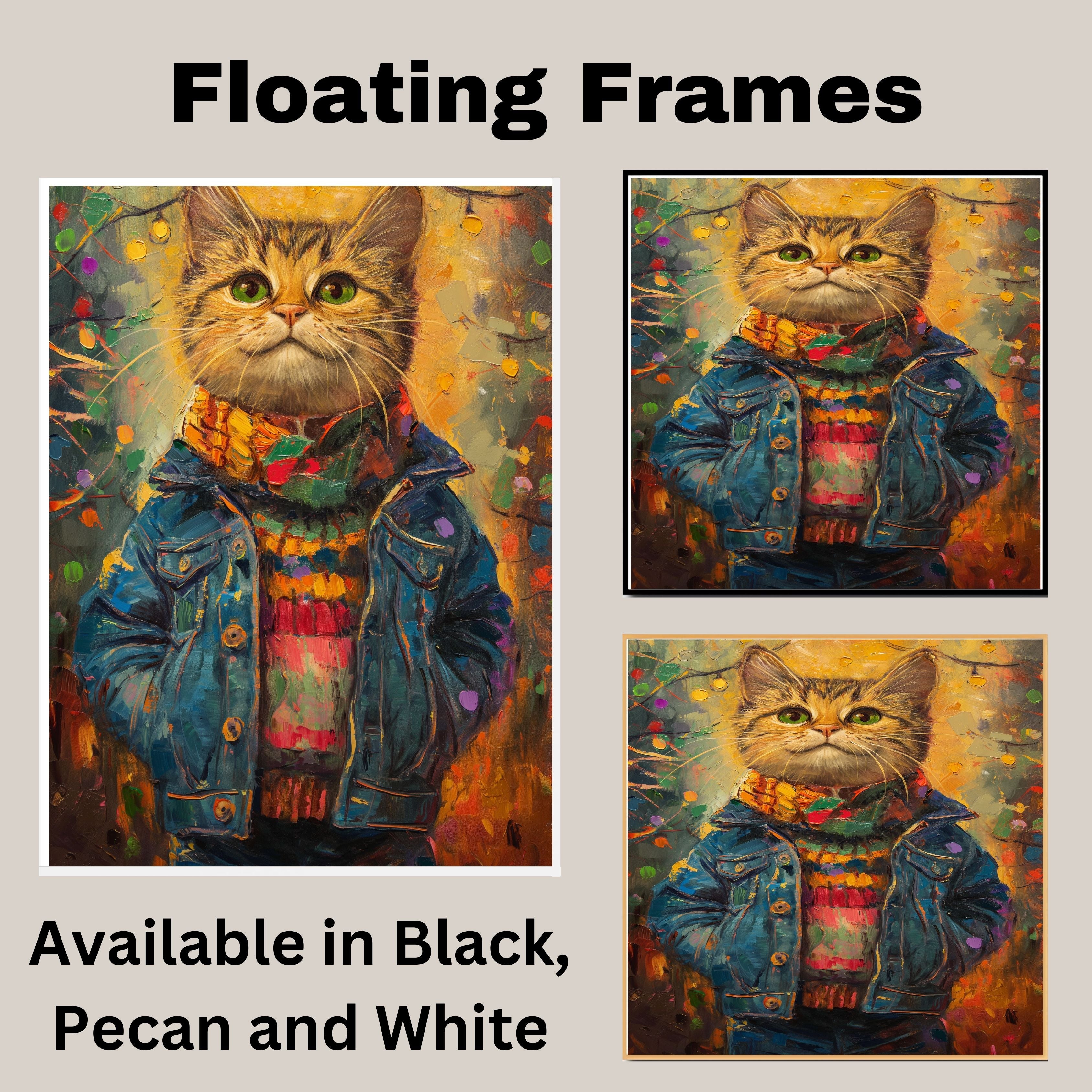 Christmas Kitten in Colorful Jacket and Scarf Adorable Holiday Cat Painting Festive Winter Lights Scene Perfect for Cozy Home Office Seasonal Gift on Ready to Hang 1.5" Thick Canvas Wrap, Floating Framed Canvas, Flat Rolled Canvas
