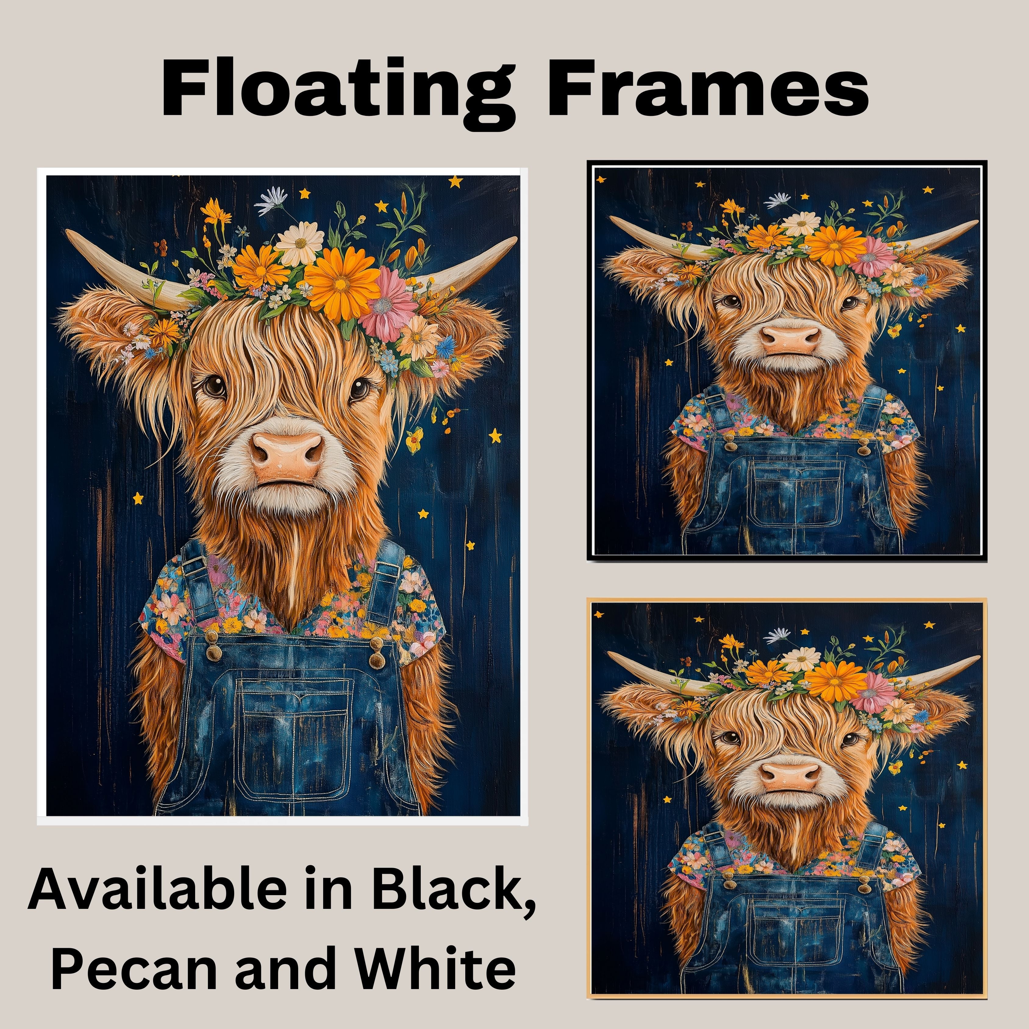 Happy Highland Cow in Overalls with Flower Crown Whimsical Hand Painted Floral Art Rustic Wall Decor for Farmhouse Kids Room Bedroom or Gift for Cow Lovers on Ready to Hang 1.5" Thick Canvas Wrap, Floating Framed Canvas, Flat Rolled Canvas
