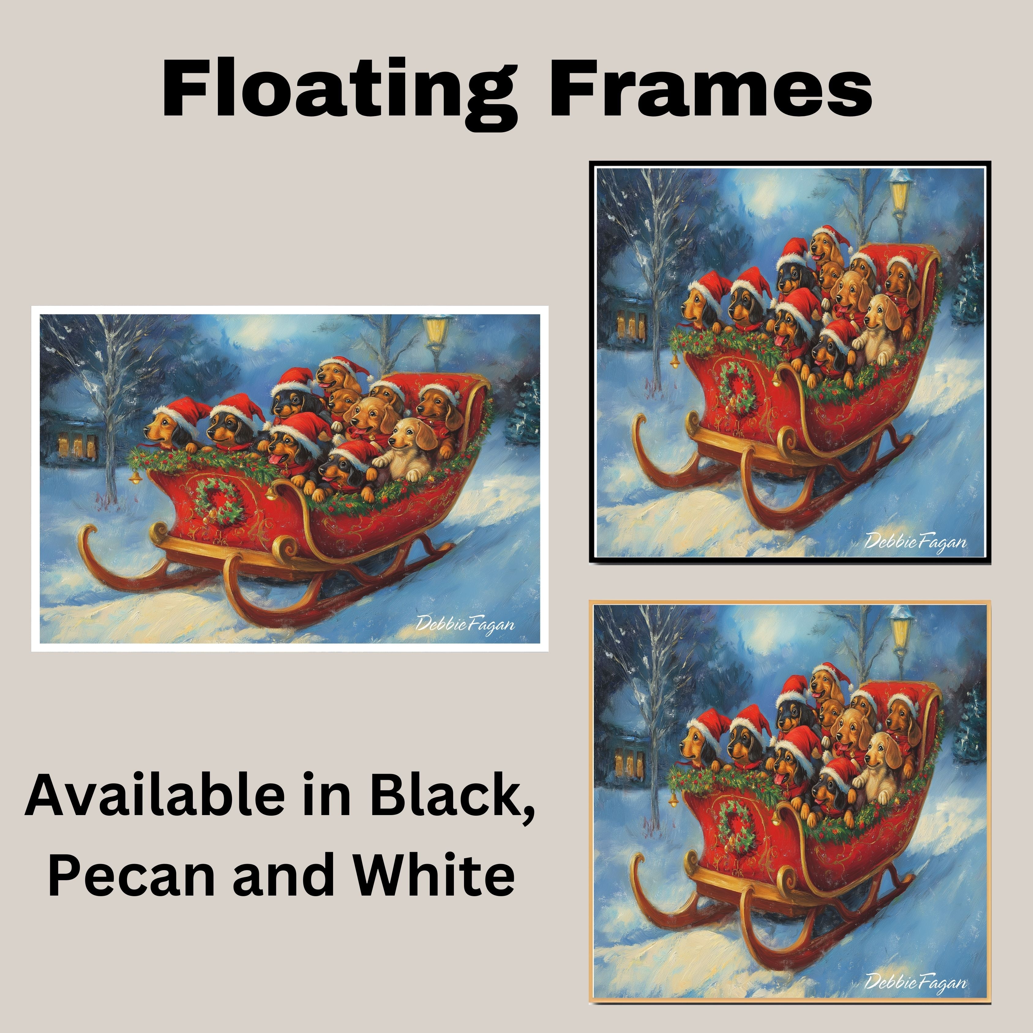 Doxie Christmas Canvas  - "Dashing Through the Snow" - Dachshund Puppies in Santa Hats Sleighing Adventure on Ready to Hang 1.5" Thick Canvas Wrap, Floating Framed Canvas, Flat Rolled Canvas