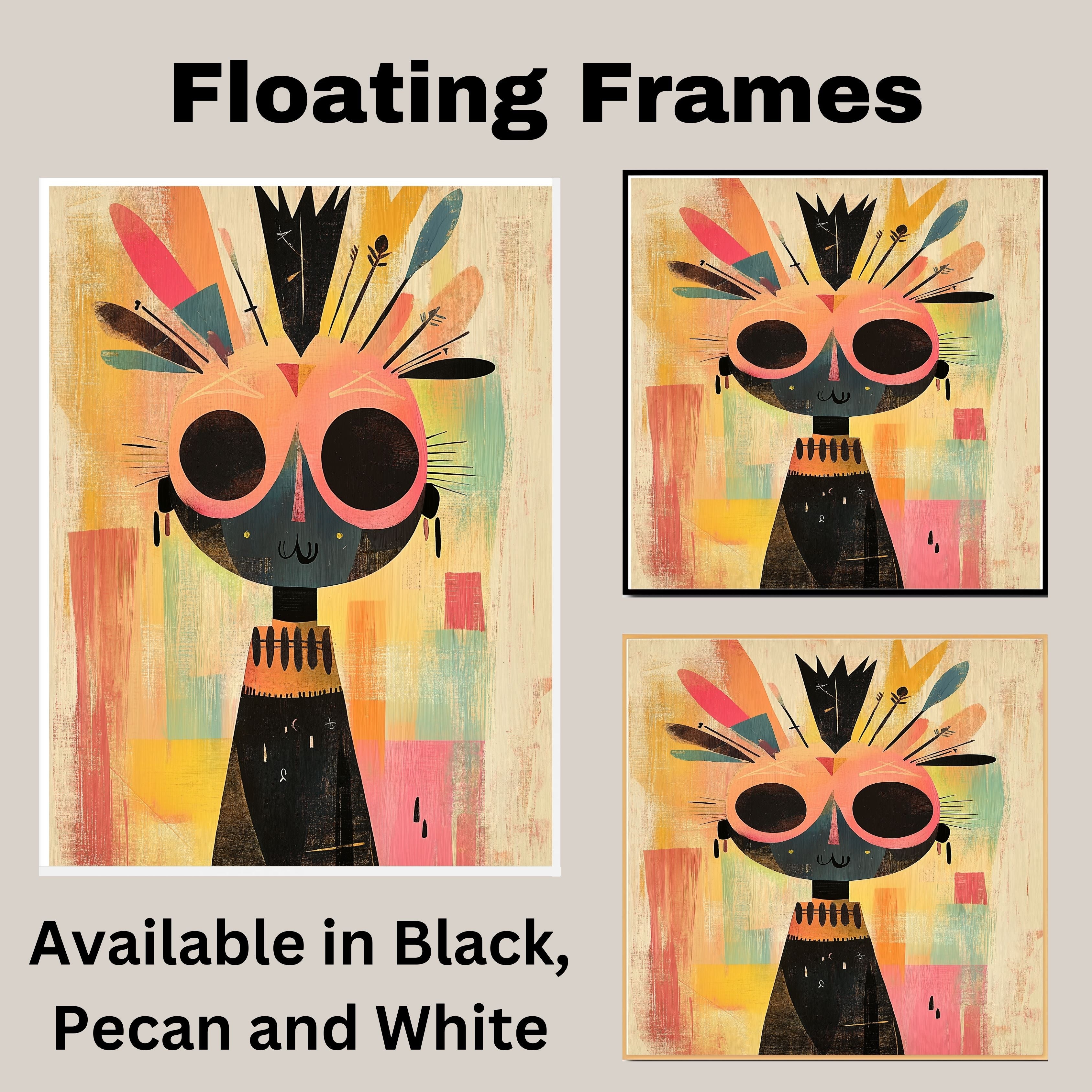 Colorful Abstract Tribal Character Art in Mid-Century Modern Style with Bold Feathers and Whimsical Expression for Living Room or Office Display on Ready to Hang 1.5" Thick Canvas Wrap, Floating Framed Canvas, Flat Rolled Canvas