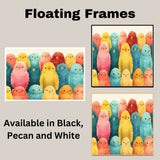 Seamless Pattern Art of Cute Colorful Plump Birds with Bright Feathers in Pastel and Bold Tones — Perfect for Nursery, Kids' Projects, or Animal Lovers on Ready to Hang 1.5" Thick Canvas Wrap, Floating Framed Canvas, Flat Rolled Canvas