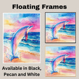 Watercolor Painting of Colorful Dolphin Leaping from Ocean Waves at Sunset with Splashing Water and Vibrant Sky in Pastel Tones on Ready to Hang 1.5" Thick Canvas Wrap, Floating Framed Canvas, Flat Rolled Canvas