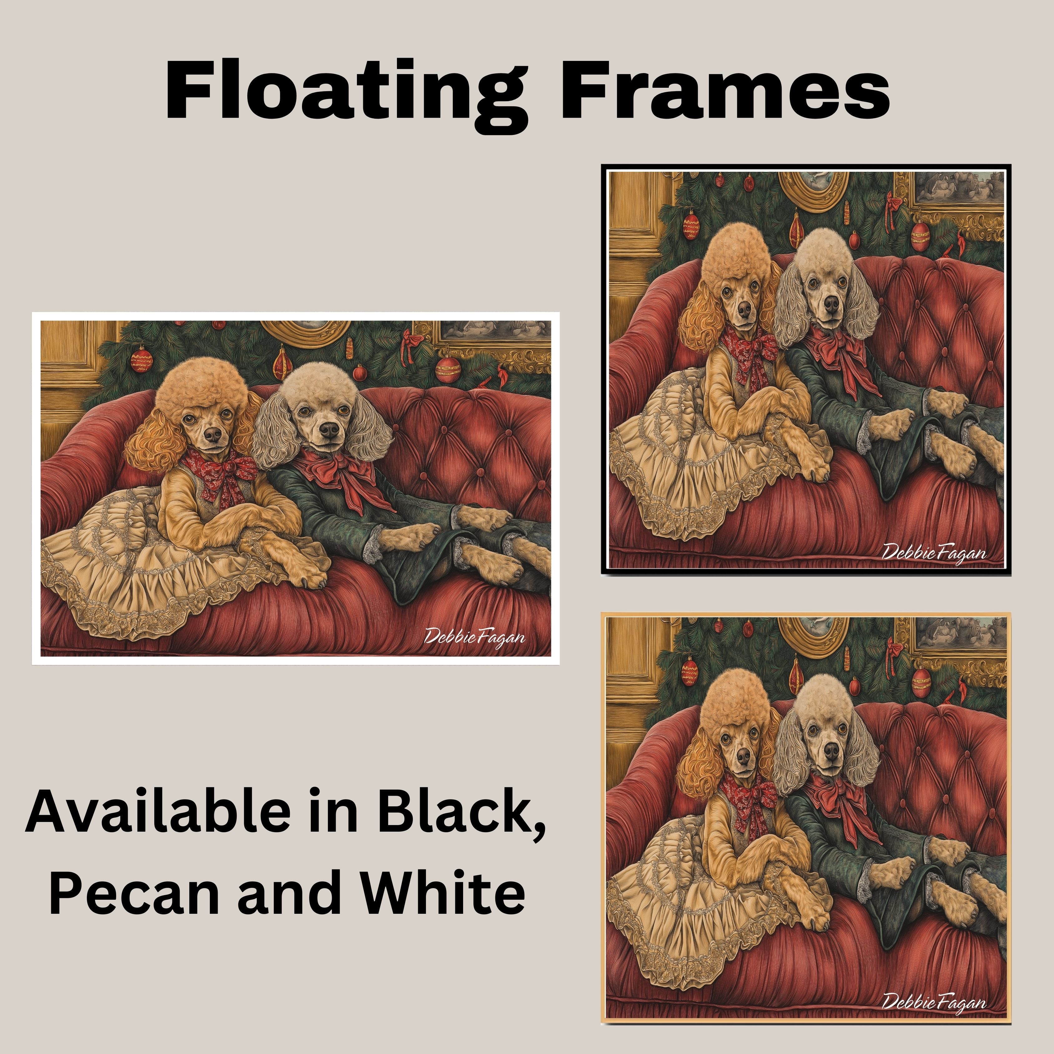 Dog Christmas Canvas  - "Poodle Pampering" - Elegant Poodles Lounging on a Vintage Red Ornate Sofa on Ready to Hang 1.5" Thick Canvas Wrap, Floating Framed Canvas, Flat Rolled Canvas