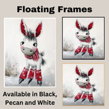 Whimsical Christmas Donkey Ice Skating in Red Scarf and Boots Canvas or Wall Art Print on Ready to Hang 1.5" Thick Canvas Wrap, Floating Framed Canvas, Flat Rolled Canvas