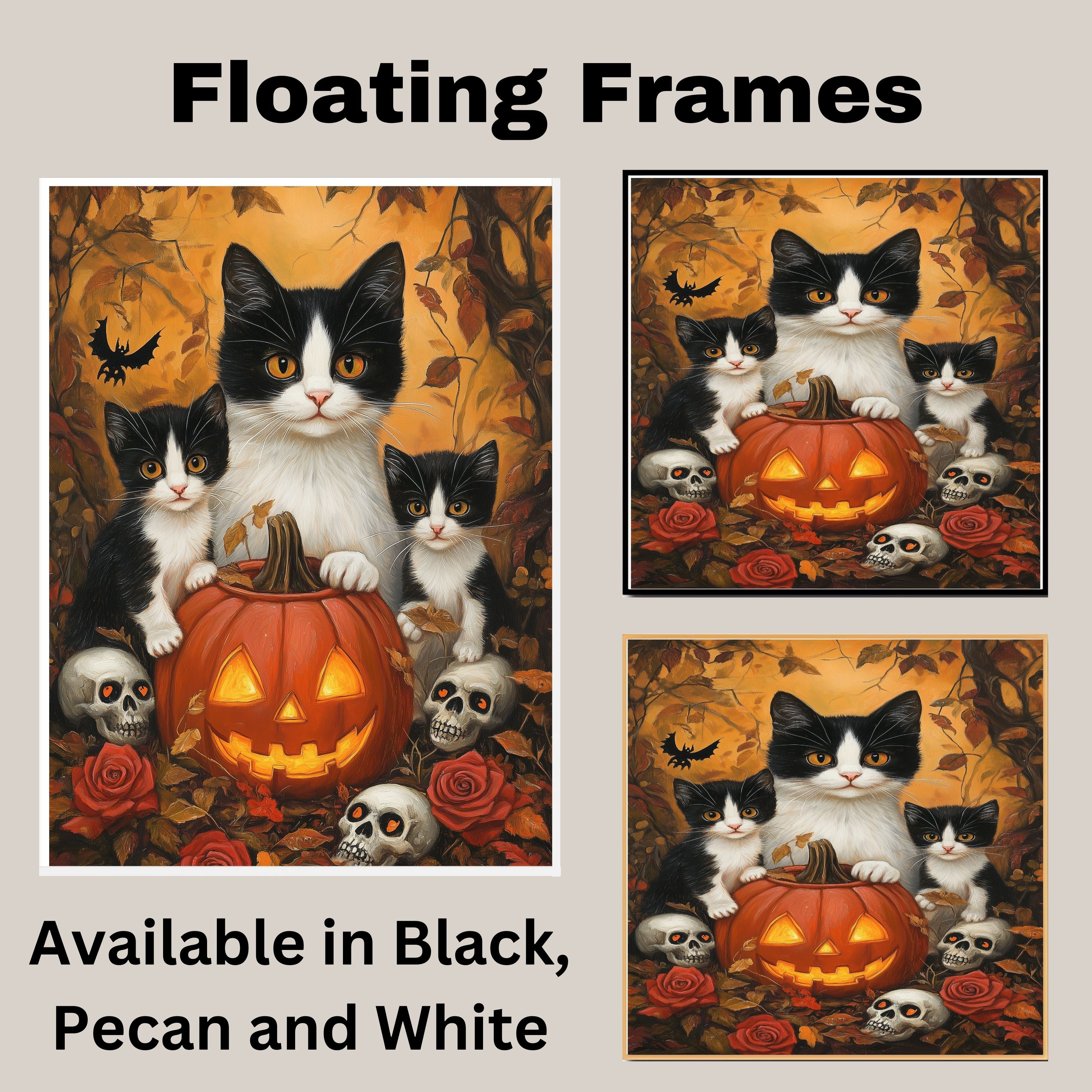 Haunted Forest Whispers: Tuxedo Cat Mom and Two Kittens with Pumpkin and Skeleton on Ready to Hang 1.5" Thick Canvas Wrap, Floating Framed Canvas, Flat Rolled Canvas