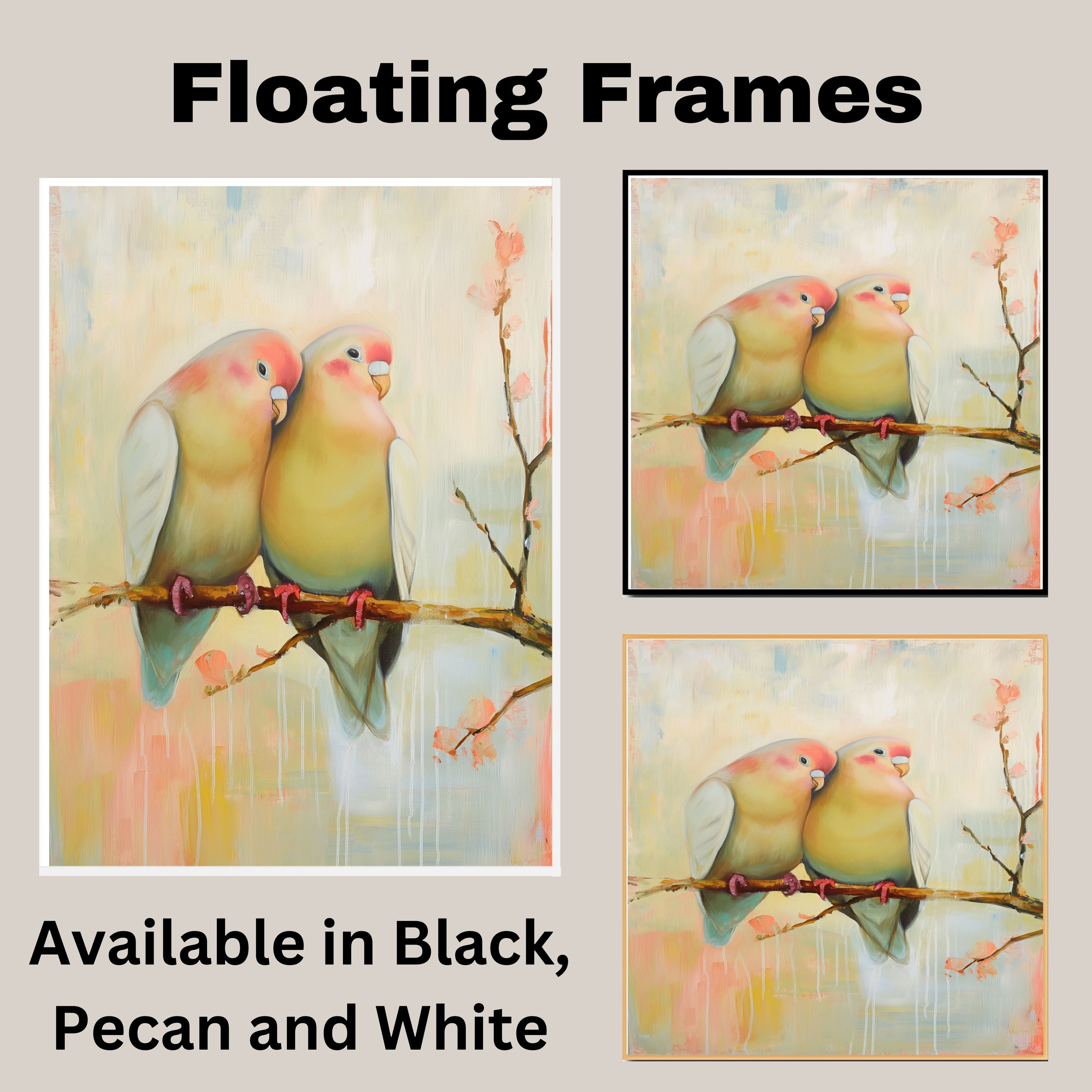 Charming Lovebirds Sitting Close on a Branch with Warm Pastel Floral Background on Ready to Hang 1.5" Thick Canvas Wrap, Floating Framed Canvas, Flat Rolled Canvas