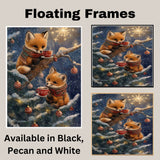 Two Baby Foxes in Scarves Drinking Cocoa on Tree Branch Surrounded by Ornaments and Snowflakes in Winter Night Scene Holiday Art Print for Seasonal Decor on Ready to Hang 1.5" Thick Canvas Wrap, Floating Framed Canvas, Flat Rolled Canvas