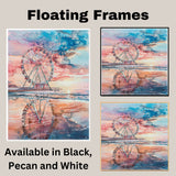 Watercolor Painting of a Ferris Wheel on a Beach Pier with Sunset Reflections in Ocean Water and Pastel Sky Tones on Ready to Hang 1.5" Thick Canvas Wrap, Floating Framed Canvas, Flat Rolled Canvas
