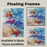 Watercolor Painting of Multicolored Starfish on the Shoreline with Splashing Ocean Waves on Ready to Hang 1.5" Thick Canvas Wrap, Floating Framed Canvas, Flat Rolled Canvas