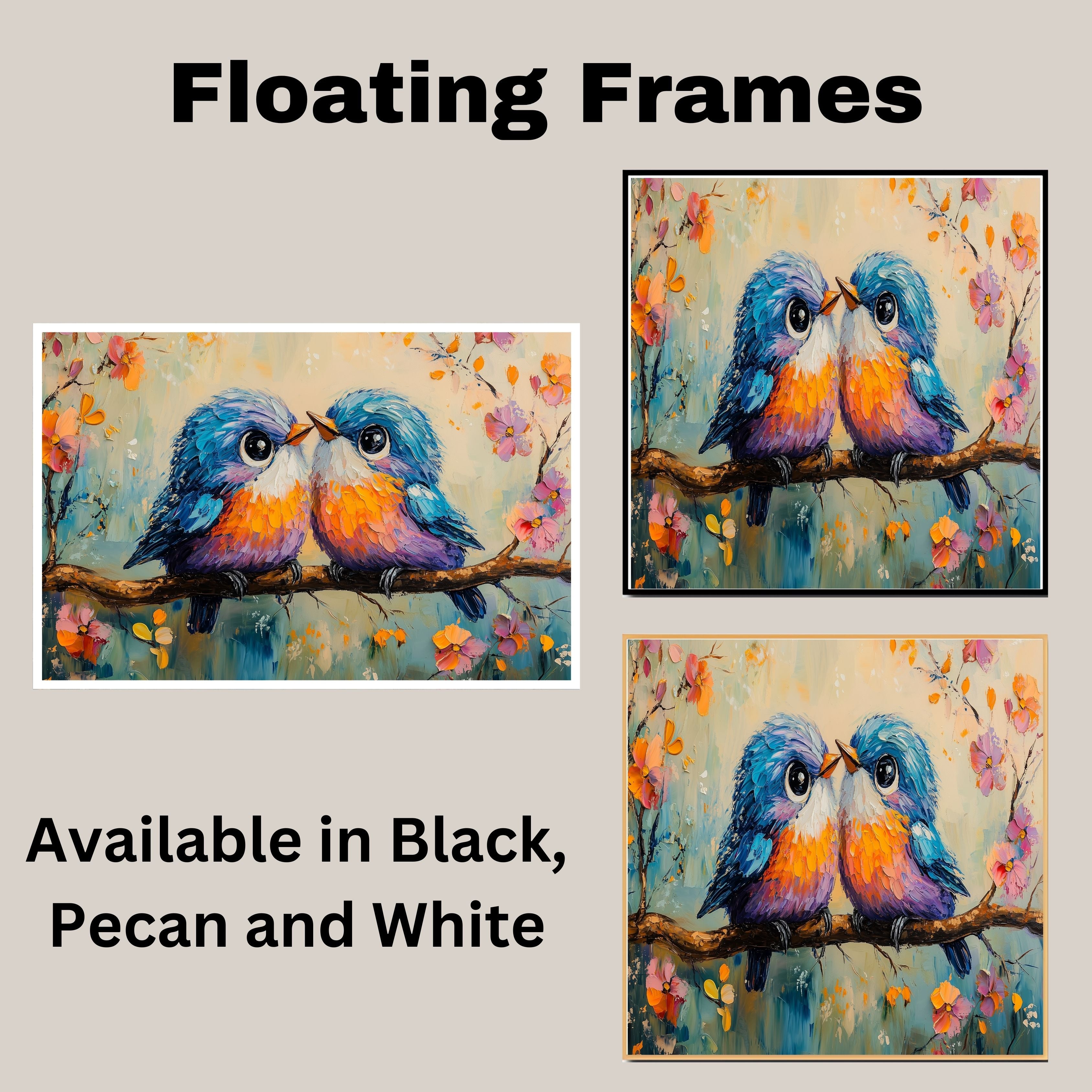 Painting of Two Cute Plump Birds Sitting Close Together on a Blossom Covered Branch with Bright Feathers Big Eyes and a Playful Springtime Background on Ready to Hang 1.5" Thick Canvas Wrap, Floating Framed Canvas, Flat Rolled Canvas
