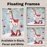 Whimsical Christmas Giraffe in Red Boots Ice Skating Through Snowy Forest with Holiday Ornaments – Playful Winter Animal Illustration for Festive Decor on Ready to Hang 1.5" Thick Canvas Wrap, Floating Framed Canvas, Flat Rolled Canvas