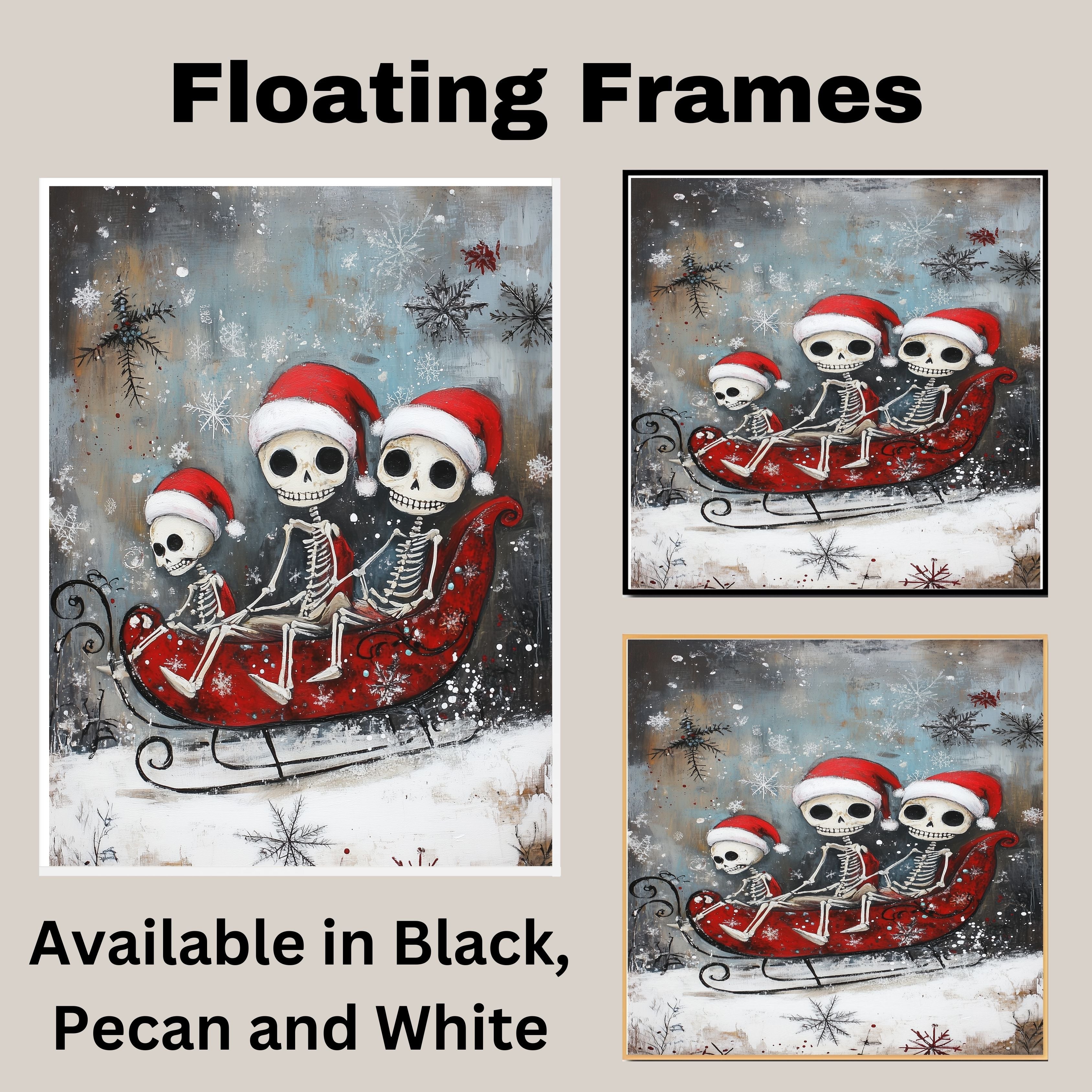 Whimsical Skeleton Family Sleigh Ride Christmas Print – Spooky Cute Holiday Decor with Santa Hats, Red Sleigh & Snowflakes, Gothic Winter Wall Art on Ready to Hang 1.5" Thick Canvas Wrap, Floating Framed Canvas, Flat Rolled Canvas