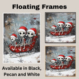 Whimsical Skeleton Family Sleigh Ride Christmas Print – Spooky Cute Holiday Decor with Santa Hats, Red Sleigh & Snowflakes, Gothic Winter Wall Art on Ready to Hang 1.5" Thick Canvas Wrap, Floating Framed Canvas, Flat Rolled Canvas