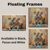 Vibrant Painting of Two Koalas in Bright Pajamas Sitting on a Colorful Bed Surrounded by Pillows with Cheerful Expressions and Playful Abstract Texture on Ready to Hang 1.5" Thick Canvas Wrap, Floating Framed Canvas, Flat Rolled Canvas