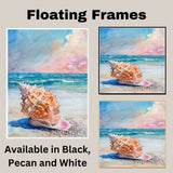 Watercolor Painting of a Large Orange Seashell on Sandy Beach with Ocean Waves and Colorful Sky at Sunset on Ready to Hang 1.5" Thick Canvas Wrap, Floating Framed Canvas, Flat Rolled Canvas