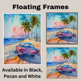 Retro Car Watercolor Painting Driving on Beach Road with Palm Trees and Colorful Ocean Sunset on Ready to Hang 1.5" Thick Canvas Wrap, Floating Framed Canvas, Flat Rolled Canvas