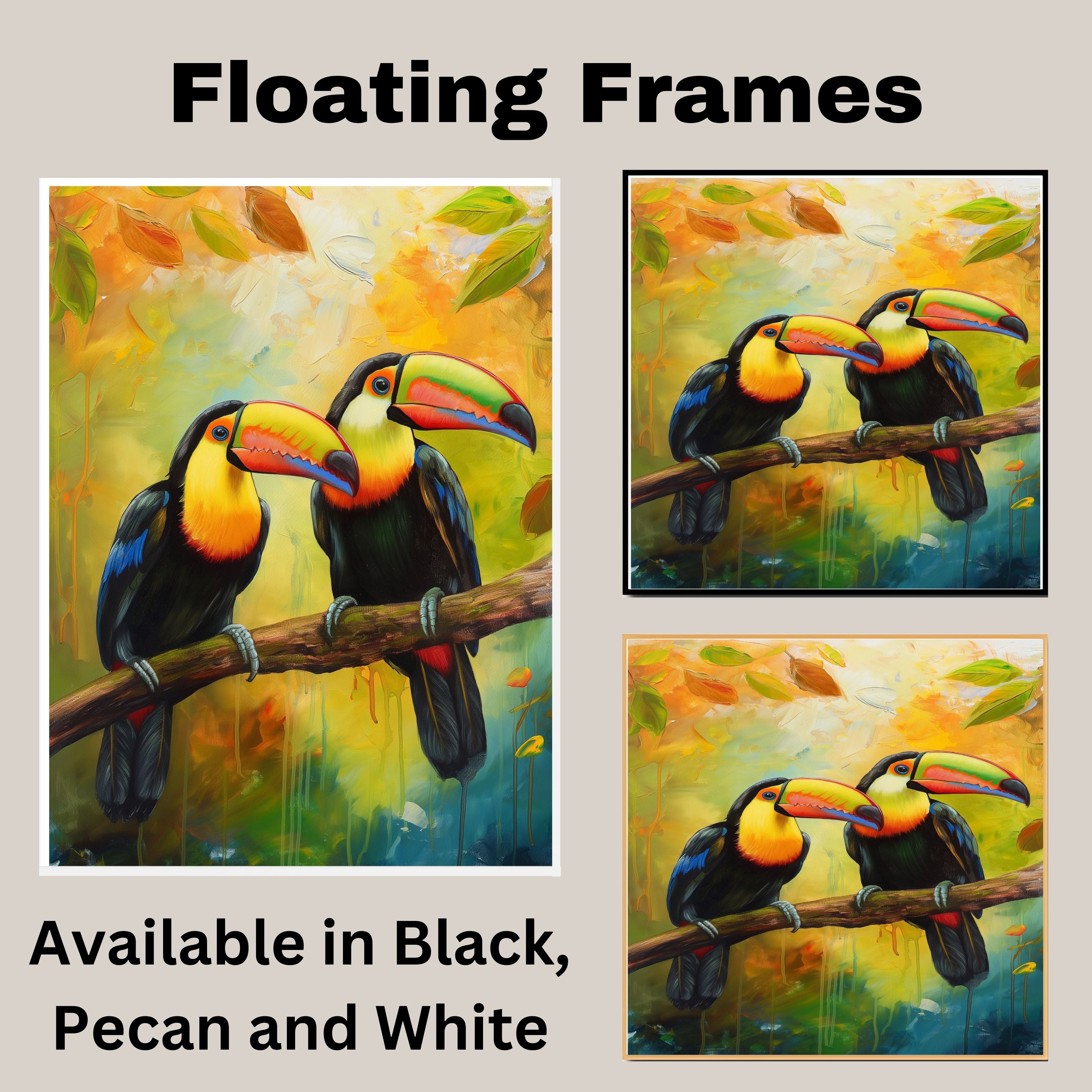 Colorful Toucan Pair with Rainbow Beaks on Tree Branch in a Tropical Setting Surrounded by Autumn Leaves and a Golden Jungle Background on Ready to Hang 1.5" Thick Canvas Wrap, Floating Framed Canvas, Flat Rolled Canvas