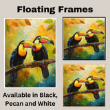 Colorful Toucan Pair with Rainbow Beaks on Tree Branch in a Tropical Setting Surrounded by Autumn Leaves and a Golden Jungle Background on Ready to Hang 1.5" Thick Canvas Wrap, Floating Framed Canvas, Flat Rolled Canvas