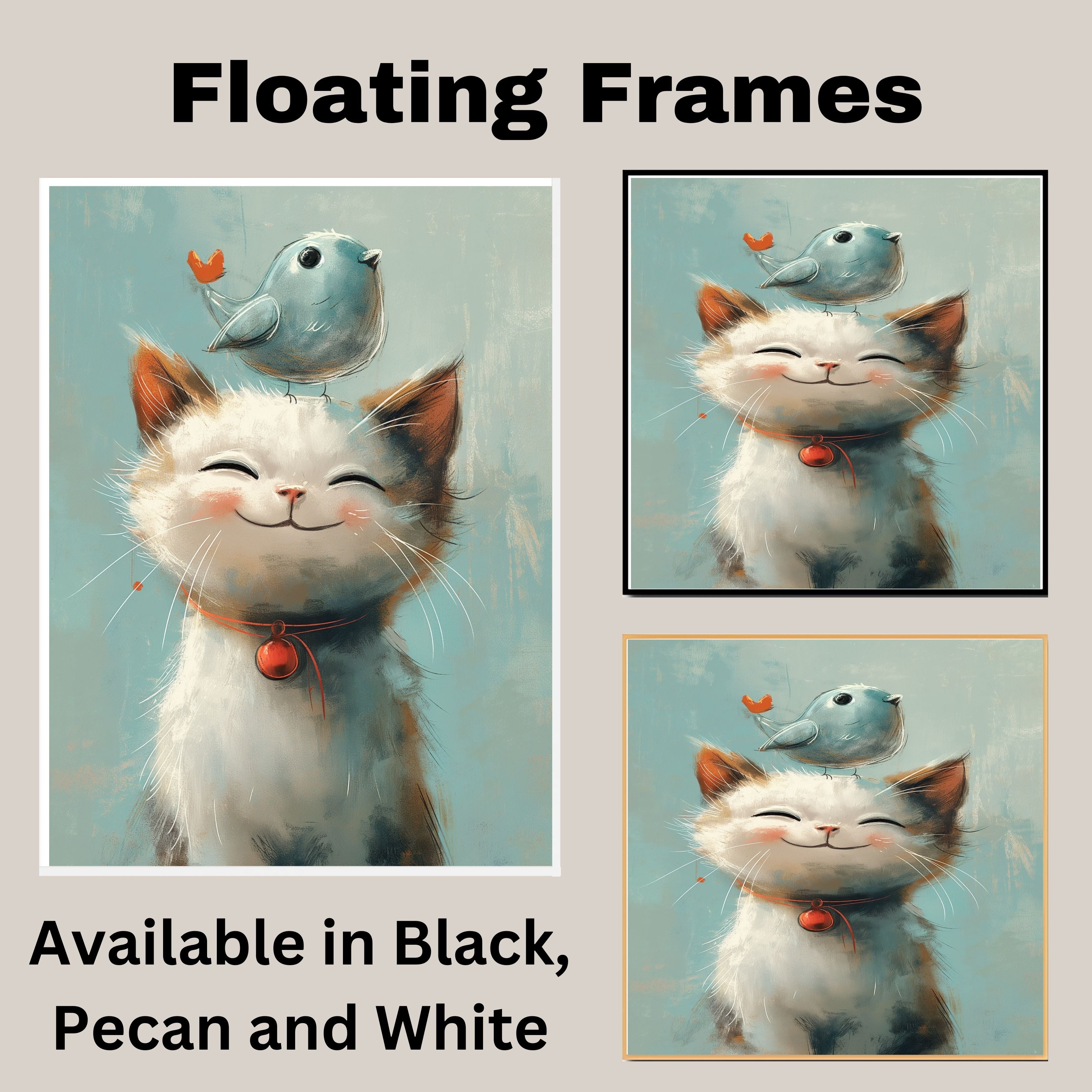 Sweet Painting of a Smiling Kitten with a Blue Bird on Its Head and Red Bell Collar Perfect for Whimsical Nursery Decor or a Gift for Cat and Animal Lovers on Ready to Hang 1.5" Thick Canvas Wrap, Floating Framed Canvas, Flat Rolled Canvas