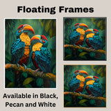 Colorful Toucan Pair Artwork Featuring Bright Beaks and Blue Plumage Perched in Lush Tropical Jungle with Rich Green Foliage and Bold Exotic Bird Details on Ready to Hang 1.5" Thick Canvas Wrap, Floating Framed Canvas, Flat Rolled Canvas