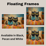 Painting of Two Cute Black Cats Sitting Side by Side on a Colorful Bed Wearing Pajamas with Big Yellow Eyes in a Cozy Bedroom Scene with Warm Painted Textures on Ready to Hang 1.5" Thick Canvas Wrap, Floating Framed Canvas, Flat Rolled Canvas