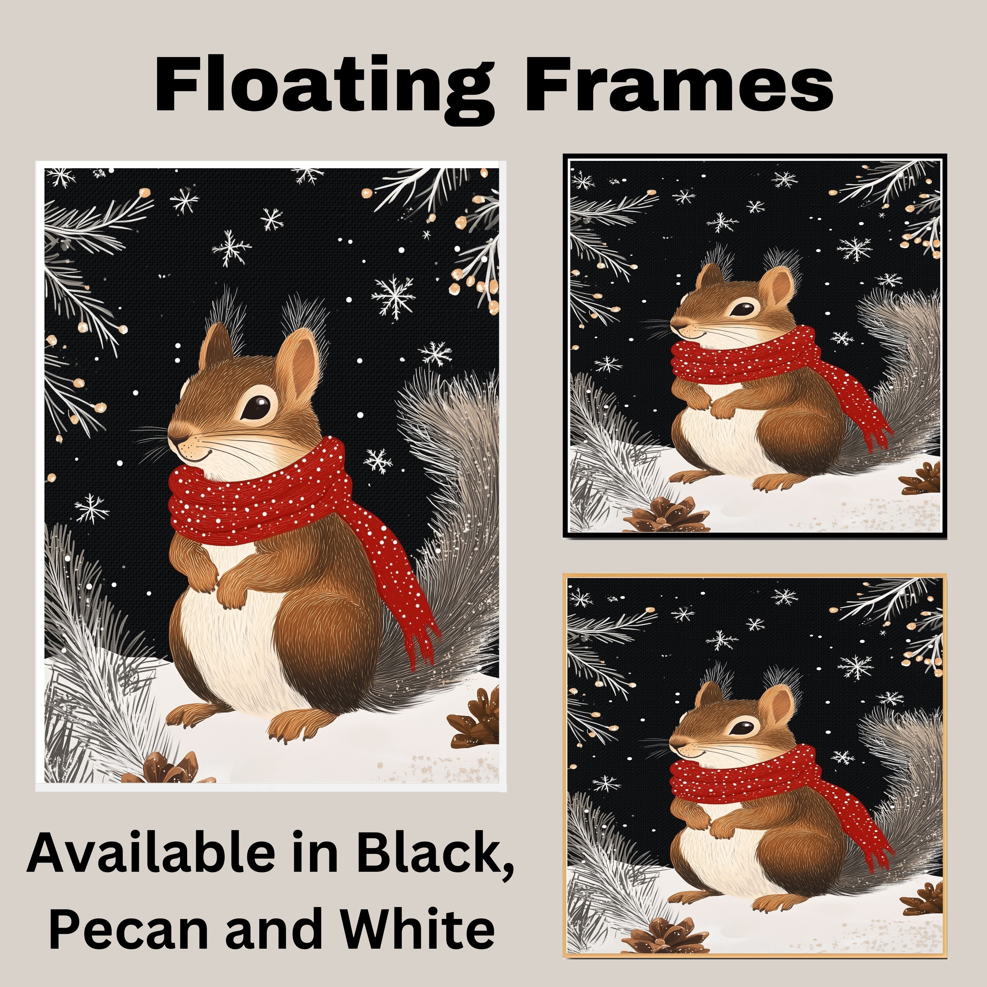 "Frosty Friend Squirrel" - Squirrel in Red Scarf Nestled in Snowy Scene on Ready to Hang 1.5" Thick Canvas Wrap, Floating Framed Canvas, Flat Rolled Canvas